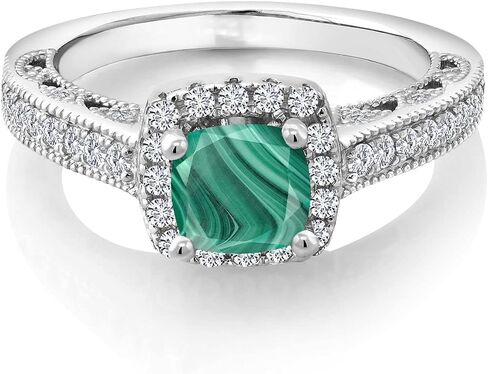 Gem Stone King 925 Sterling Silver Green Malachite and White Created Sapphire Ring For Women (2.08 Cttw, Cushion 6MM, Gemstone Birthstone, Available In Size 5, 6, 7, 8, 9) in Saudi Arabia