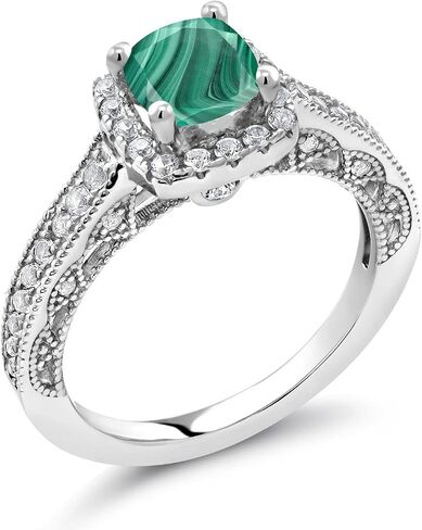Gem Stone King 925 Sterling Silver Green Malachite and White Created Sapphire Ring For Women (2.08 Cttw, Cushion 6MM, Gemstone Birthstone, Available In Size 5, 6, 7, 8, 9) in Saudi Arabia