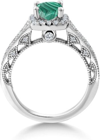 Gem Stone King 925 Sterling Silver Green Malachite and White Created Sapphire Ring For Women (2.08 Cttw, Cushion 6MM, Gemstone Birthstone, Available In Size 5, 6, 7, 8, 9) in Saudi Arabia