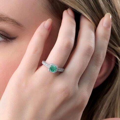 Gem Stone King 925 Sterling Silver Green Malachite and White Created Sapphire Ring For Women (2.08 Cttw, Cushion 6MM, Gemstone Birthstone, Available In Size 5, 6, 7, 8, 9) in Saudi Arabia