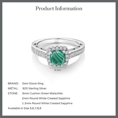 Gem Stone King 925 Sterling Silver Green Malachite and White Created Sapphire Ring For Women (2.08 Cttw, Cushion 6MM, Gemstone Birthstone, Available In Size 5, 6, 7, 8, 9) in Saudi Arabia