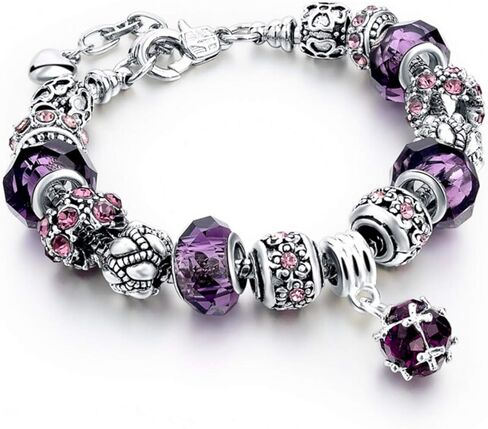 Purple Theme Silver Plated Charm Bracelet Set, Jewelry Gifts with Beads, Charms, and Adjustable Snake Chain, Fits 7.5"+1.5" in Saudi Arabia