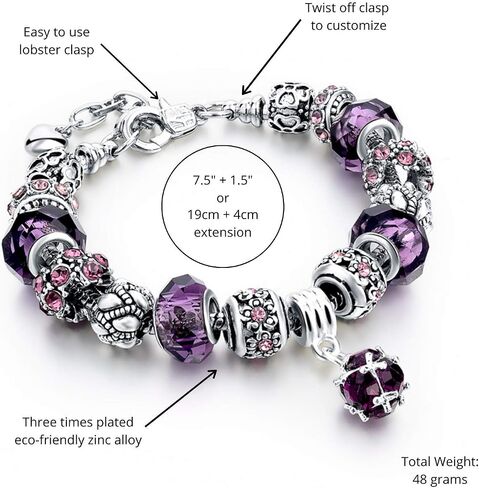 Purple Theme Silver Plated Charm Bracelet Set, Jewelry Gifts with Beads, Charms, and Adjustable Snake Chain, Fits 7.5"+1.5" in Saudi Arabia
