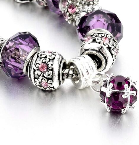 Purple Theme Silver Plated Charm Bracelet Set, Jewelry Gifts with Beads, Charms, and Adjustable Snake Chain, Fits 7.5"+1.5" in Saudi Arabia