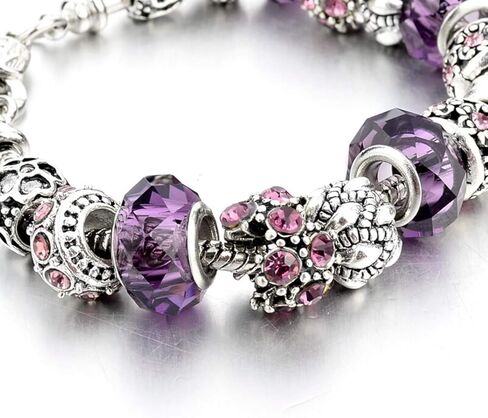 Purple Theme Silver Plated Charm Bracelet Set, Jewelry Gifts with Beads, Charms, and Adjustable Snake Chain, Fits 7.5"+1.5" in Saudi Arabia