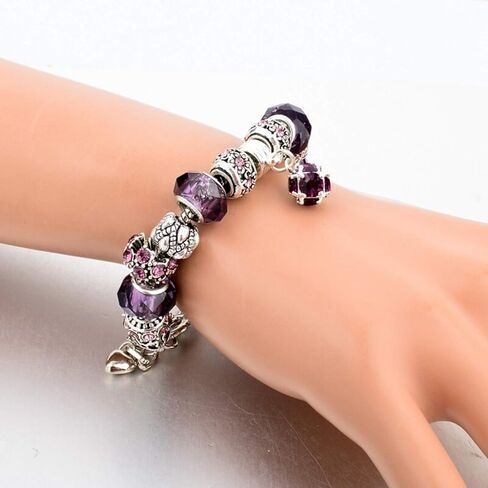 Purple Theme Silver Plated Charm Bracelet Set, Jewelry Gifts with Beads, Charms, and Adjustable Snake Chain, Fits 7.5"+1.5" in Saudi Arabia