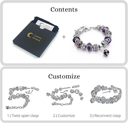 Purple Theme Silver Plated Charm Bracelet Set, Jewelry Gifts with Beads, Charms, and Adjustable Snake Chain, Fits 7.5"+1.5" in Saudi Arabia