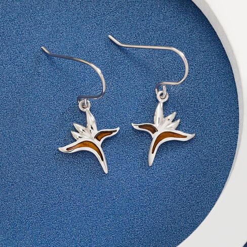 925 Sterling Silver Koa Wood Hawaiian Bird of Paradise Plant Dangle Hook Earrings, Nickle Free Hypoallergenic for Sensitive Skin, Ocean Beach Theme Jewelry for Women, Gift Box Included in Saudi Arabia