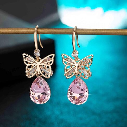 Austrian Crystal Teardrop Butterfly Drop Dangle Earrings for Women 14K Rose Gold Plated Hypoallergenic Jewelry in Saudi Arabia