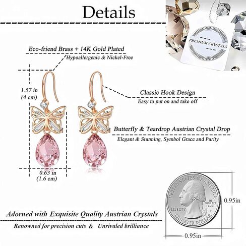 Austrian Crystal Teardrop Butterfly Drop Dangle Earrings for Women 14K Rose Gold Plated Hypoallergenic Jewelry in Saudi Arabia