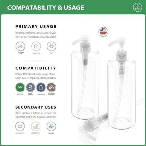 زجاجات فارغة بمضخة شامبو، 32 اونصة (1 لتر)، خالية من البيسفينول ايه، اسطوانة بلاستيكية (PETE1)، عبوة من 3 قطع in Kuwait