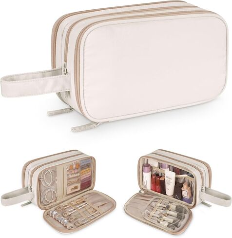 حقيبة أدوات الزينة للمكياج للنساء من سيثون مع حجرة لتنظيم المجوهرات، حقيبة مستحضرات التجميل للسفر مقاومة للماء مع مقبض لفرش المكياج وأساسيات التجميل ومستلزماتها (الحقيبة فقط) كريمية in Kuwait