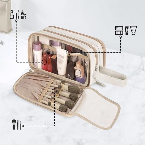 حقيبة أدوات الزينة للمكياج للنساء من سيثون مع حجرة لتنظيم المجوهرات، حقيبة مستحضرات التجميل للسفر مقاومة للماء مع مقبض لفرش المكياج وأساسيات التجميل ومستلزماتها (الحقيبة فقط) كريمية in Kuwait