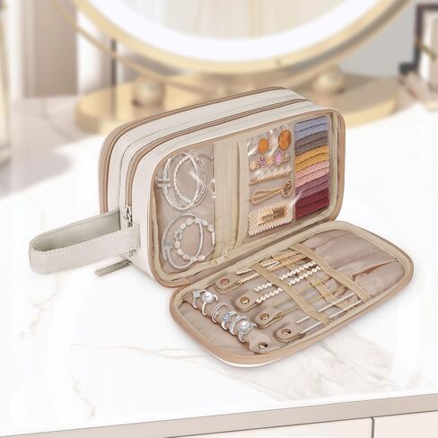 حقيبة أدوات الزينة للمكياج للنساء من سيثون مع حجرة لتنظيم المجوهرات، حقيبة مستحضرات التجميل للسفر مقاومة للماء مع مقبض لفرش المكياج وأساسيات التجميل ومستلزماتها (الحقيبة فقط) كريمية in Kuwait