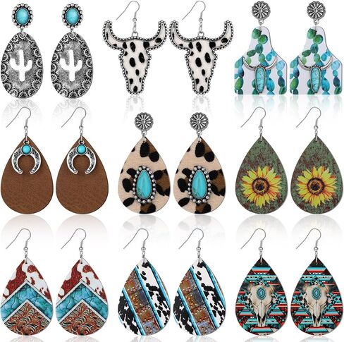 9 Pairs Western Cowgirl Cowboy Earrings Set Wooden Boho Turquoise Earrings Cow Print Earrings Vintage Handmade Bohemian Teardrop Dangle Earrings for Women Girls Western Jewelry Gifts, wood, metal, no in Kuwait