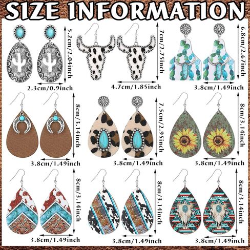 9 Pairs Western Cowgirl Cowboy Earrings Set Wooden Boho Turquoise Earrings Cow Print Earrings Vintage Handmade Bohemian Teardrop Dangle Earrings for Women Girls Western Jewelry Gifts, wood, metal, no in Kuwait