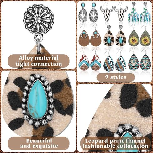 9 Pairs Western Cowgirl Cowboy Earrings Set Wooden Boho Turquoise Earrings Cow Print Earrings Vintage Handmade Bohemian Teardrop Dangle Earrings for Women Girls Western Jewelry Gifts, wood, metal, no in Kuwait