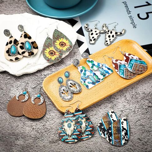 9 Pairs Western Cowgirl Cowboy Earrings Set Wooden Boho Turquoise Earrings Cow Print Earrings Vintage Handmade Bohemian Teardrop Dangle Earrings for Women Girls Western Jewelry Gifts, wood, metal, no in Kuwait