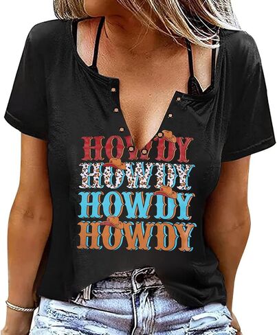 SFHFY Howdy قمصان النساء الرجعية الغربية الجنوبية تي شيرت راعية البقر ليوبارد موسيقى الريف الأعلى مضحك رسالة عادية خمر تيز in Kuwait