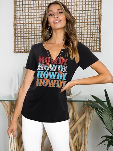 SFHFY Howdy قمصان النساء الرجعية الغربية الجنوبية تي شيرت راعية البقر ليوبارد موسيقى الريف الأعلى مضحك رسالة عادية خمر تيز in Kuwait