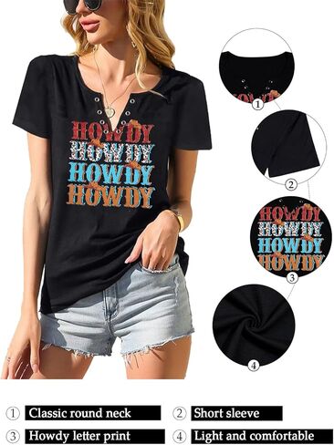 SFHFY Howdy قمصان النساء الرجعية الغربية الجنوبية تي شيرت راعية البقر ليوبارد موسيقى الريف الأعلى مضحك رسالة عادية خمر تيز in Kuwait