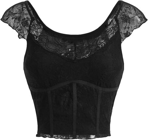 Milumia Women's Sweetheart Neck T Shirt Contrast Lace Cap Sleeve Slim Fit Crop Top in Saudi Arabia