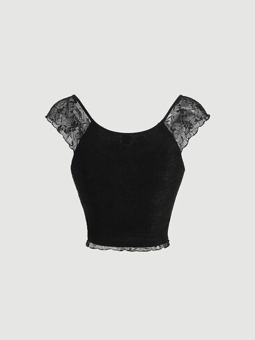 Milumia Women's Sweetheart Neck T Shirt Contrast Lace Cap Sleeve Slim Fit Crop Top in Saudi Arabia