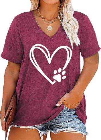 Plus Size Love Heart Shirts Women V Neck T Shirts Short Sleeve Tshirts Summer Tops in Saudi Arabia