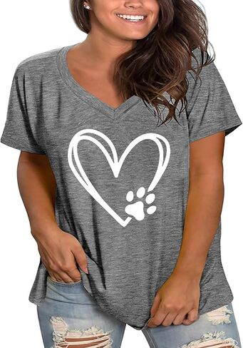 تي شيرت نسائي مقاس كبير على شكل قلب الحب تي شيرت برقبة على شكل V وأكمام قصيرة تيشيرتات صيفية in Kuwait