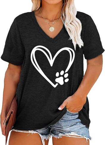 Plus Size Love Heart Shirts Women V Neck T Shirts Short Sleeve Tshirts Summer Tops in Saudi Arabia