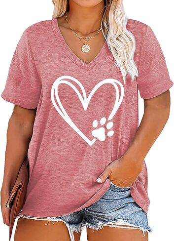 Plus Size Love Heart Shirts Women V Neck T Shirts Short Sleeve Tshirts Summer Tops in Saudi Arabia