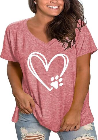 Plus Size Love Heart Shirts Women V Neck T Shirts Short Sleeve Tshirts Summer Tops in Saudi Arabia