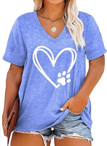 Plus Size Love Heart Shirts Women V Neck T Shirts Short Sleeve Tshirts Summer Tops in Saudi Arabia