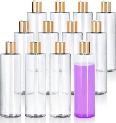 Clear 8 oz / 250 ml Professional Cylinder Plastic PET Plastic Bottles (BPA Free) with Gold Disc Cap Lid (12 Pack) in Saudi Arabia