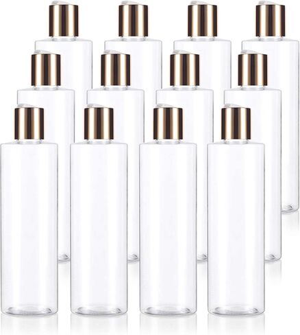 Clear 8 oz / 250 ml Professional Cylinder Plastic PET Plastic Bottles (BPA Free) with Gold Disc Cap Lid (12 Pack) in Saudi Arabia
