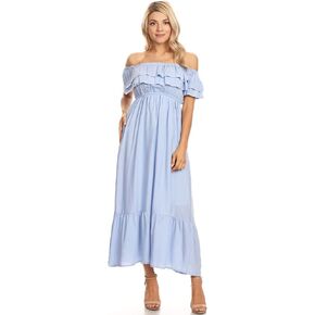 Anna-Kaci Womens Boho Peasant Ruffle Stretchy Short Sleeve Long Dress