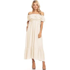 Anna-Kaci Womens Boho Peasant Ruffle Stretchy Short Sleeve Long Dress