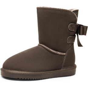 DREAM PAIRS Women's Winter Snow Boots FuzzyChic Bow Genuine Suede Leather Faux Fur Lining Memory Foam Warm Winter Short Booties for Outdoor Indoor