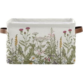 Vintage Daisy Board Storage Basket Bin for Shelves Closet Floral Wooden Foldable Fabric Storage Box Cube with Handles Kids Gifts Toys Cloth Shelf Basket Organizer for Bedroom Nursery Home Decor