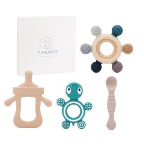 Baby Silicone Teething Ring Teether Gift Set for Boys and Girls Over 3 Months Soothes Gums Fits Small Hands Ergonomic Design Set of 4 Toys Ideal Gift Box BPA Free in Saudi Arabia