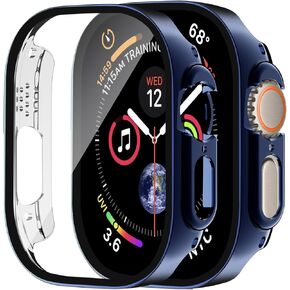 Smiling 2 Pack Case Built in Tempered Glass Screen Protector Compatible with Apple Watch Ultra 2 /Ultra 49mm, Hard PC Case Overall Protective Cover-1 Blue + 1 Transparent