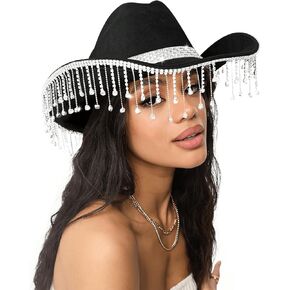 CEXDEXIONC راعية البقر قبعة بيضاء حجر الراين هامش قبعة رعاة البقر للنساء ديسكو كاوبوي الزي العروس راعية البقر قبعة in Kuwait