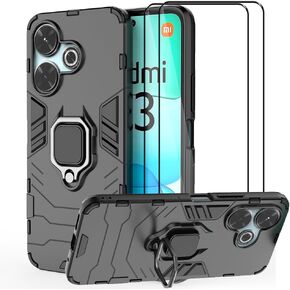 Case for Redmi 13 4G / Redmi Note 13R Case Kickstand with Tempered Glass Screen Protector [2 pcs], Hybrid Heavy Duty Armor Dual Layer Anti-Scratch Phone Case Cover, Black