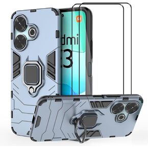 Case for Redmi 13 4G / Redmi Note 13R Case Kickstand with Tempered Glass Screen Protector [2 pcs], Hybrid Heavy Duty Armor Dual Layer Anti-Scratch Phone Case Cover, Black