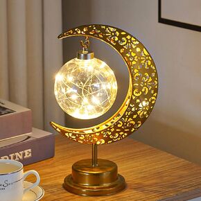 Moon Table Lamp Battery Operated Crescent Lamp Half Moon Light Retro Metal Ramadan Star Lamp Lunar Wireless Lamp Eid Decorations Moon Bedside Lamp Room Decor for Bedroom