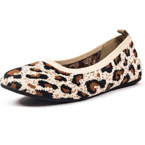 Women’s Ballet Flat Shoes Knit Shoes Round Toe Slip On Ballerina Walking Flats Shoes Black Leopard Comfortable Shoes