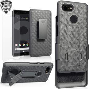 Google Pixel 3 Case Holster, Pixel3 Screen Protector Tempered Glass, Ailiber [Full Body Shockproof Armor Protection][Swivel Belt Clip][Kickstand] 2in1 Slim Hard Shell Cover for Google Pixel3 - Black