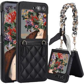 for Samsung Galaxy Z Flip 6 Case with Adjustable Detachable Lanyard, Crossbody PU Leather Protective Phone Cover with Chain Strap Wrist for Samsung Galaxy Z Flip6 SDZ Black