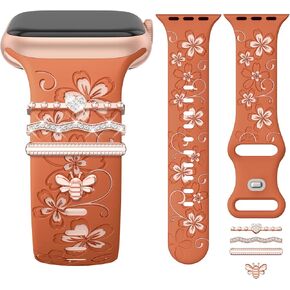 Charm+Band for Apple Watch Bands 40mm 38mm 41mm 42mm 44mm 45mm for Women,Floral Engraved iWatch bands Soft Silicone Sport Jewelry Strap with Decorative Ring Loops for iWatch SE Series 9 8 7 6 5 4 3 2