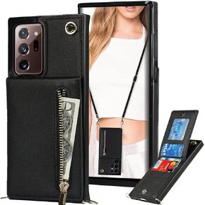 Crossbody Wallet Case for Samsung Galaxy Note 20 Ultra (Not Note 20) with Card Holder, Purse Cover Removable Cross Body Strap for Galaxy Note20 Ultra Zipper Phone Case Black